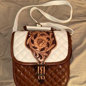 Brown and White Quilted Crossbody Bag with Tooled Leather